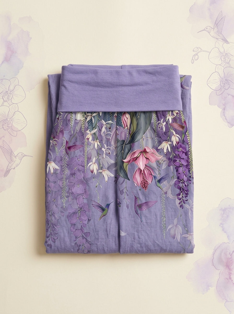 Orchid & Birds Cotton Harem Pants in Medium Purple, folded flat