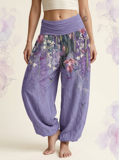 Orchid & Birds Cotton Harem Pants in Medium Purple, front view