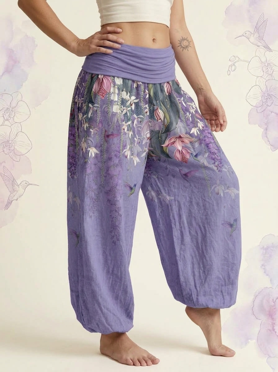 Orchid & Birds Cotton Harem Pants in Medium Purple, side view
