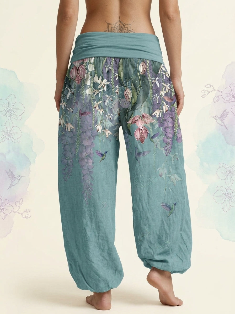 Orchid & Birds Cotton Harem Pants in Medium Turquoise, back view