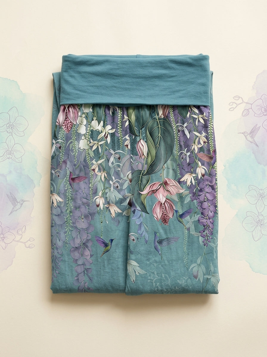 Orchid & Birds Cotton Harem Pants in Medium Turquoise, folded flat