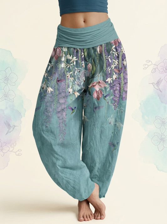 Orchid & Birds Cotton Harem Pants in Medium Turquoise, front view