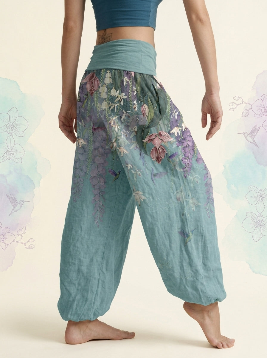 Orchid & Birds Cotton Harem Pants in Medium Turquoise, side view