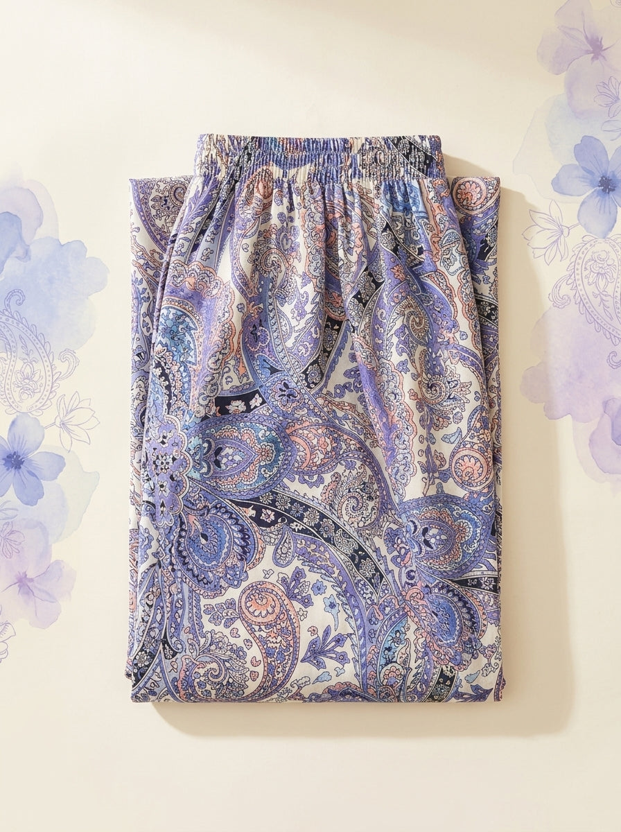 Paisley Wide-Leg Pants in Lavender Paisley, folded flat