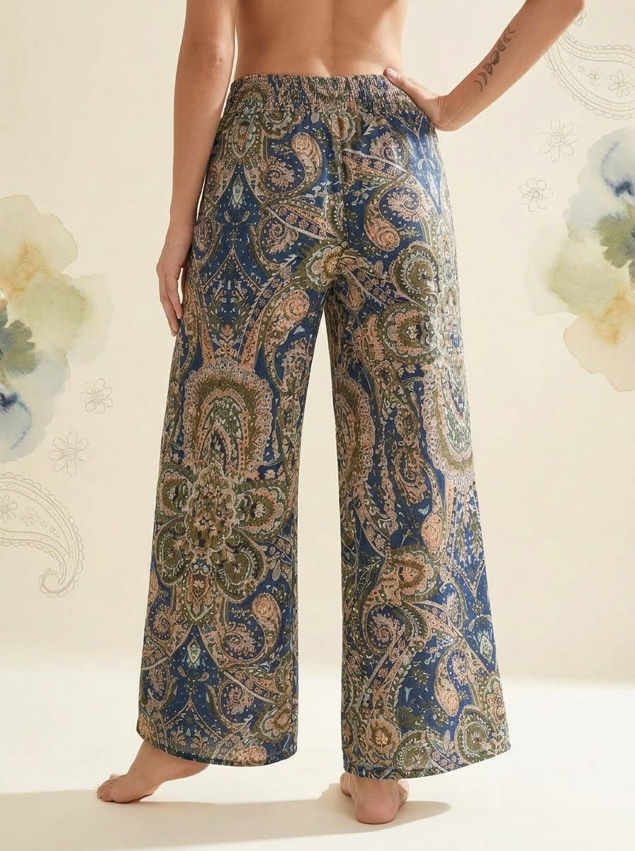 Paisley Wide-Leg Pants in Navy Gold Paisley, back view