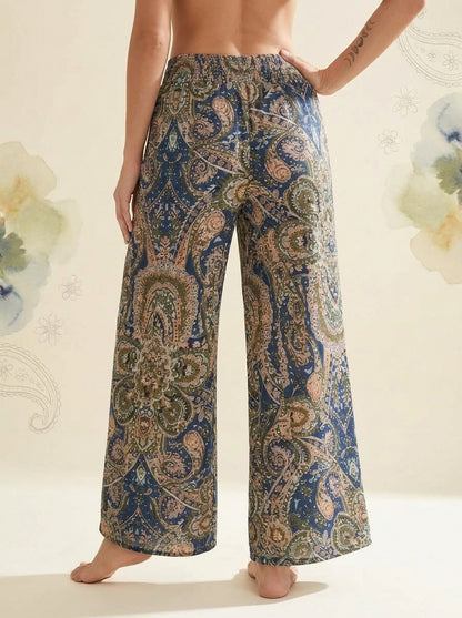 Paisley Wide-Leg Pants in Navy Gold Paisley, back view