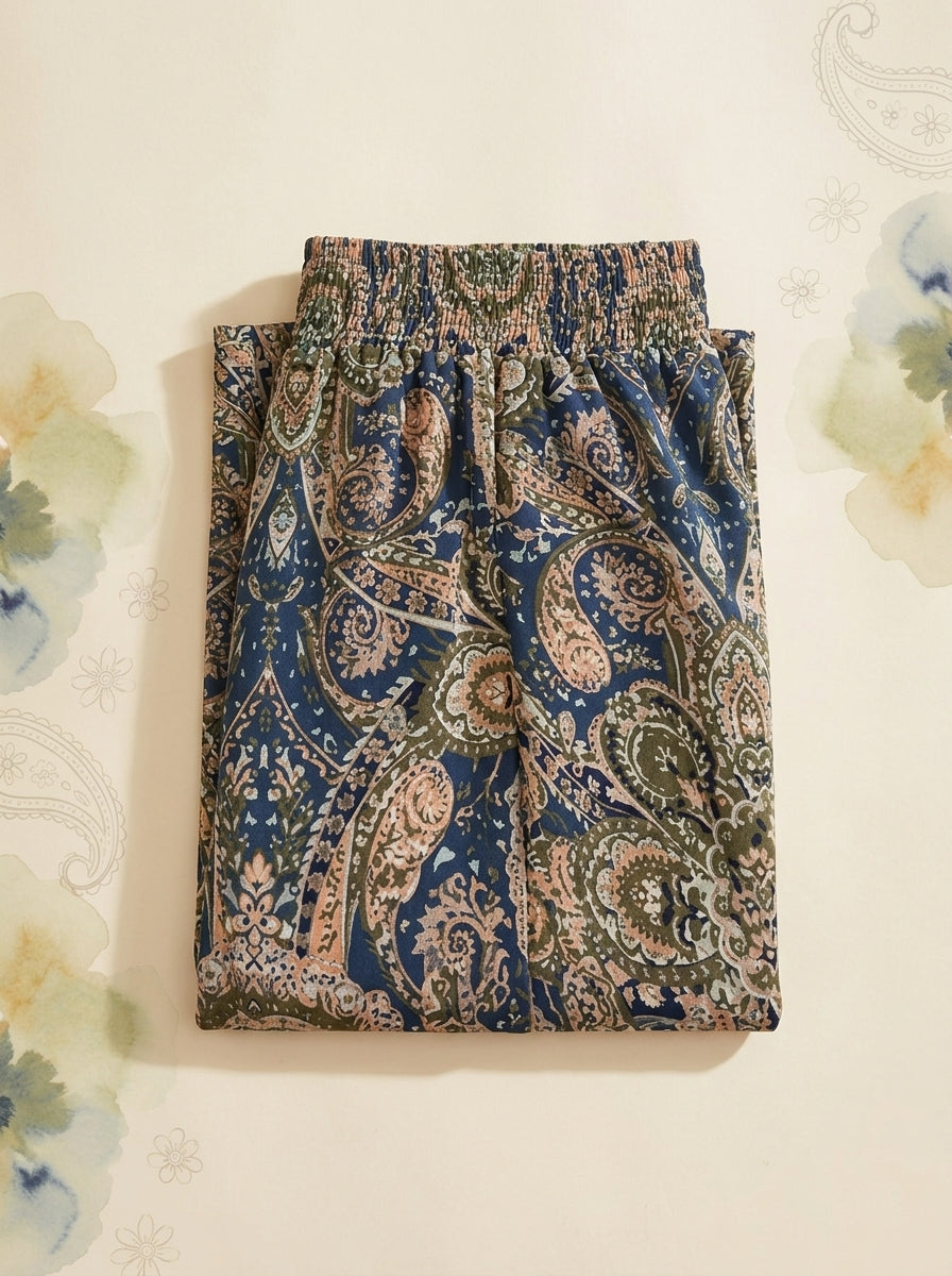 Paisley Wide-Leg Pants in Navy Gold Paisley, folded flat