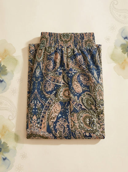 Paisley Wide-Leg Pants in Navy Gold Paisley, folded flat