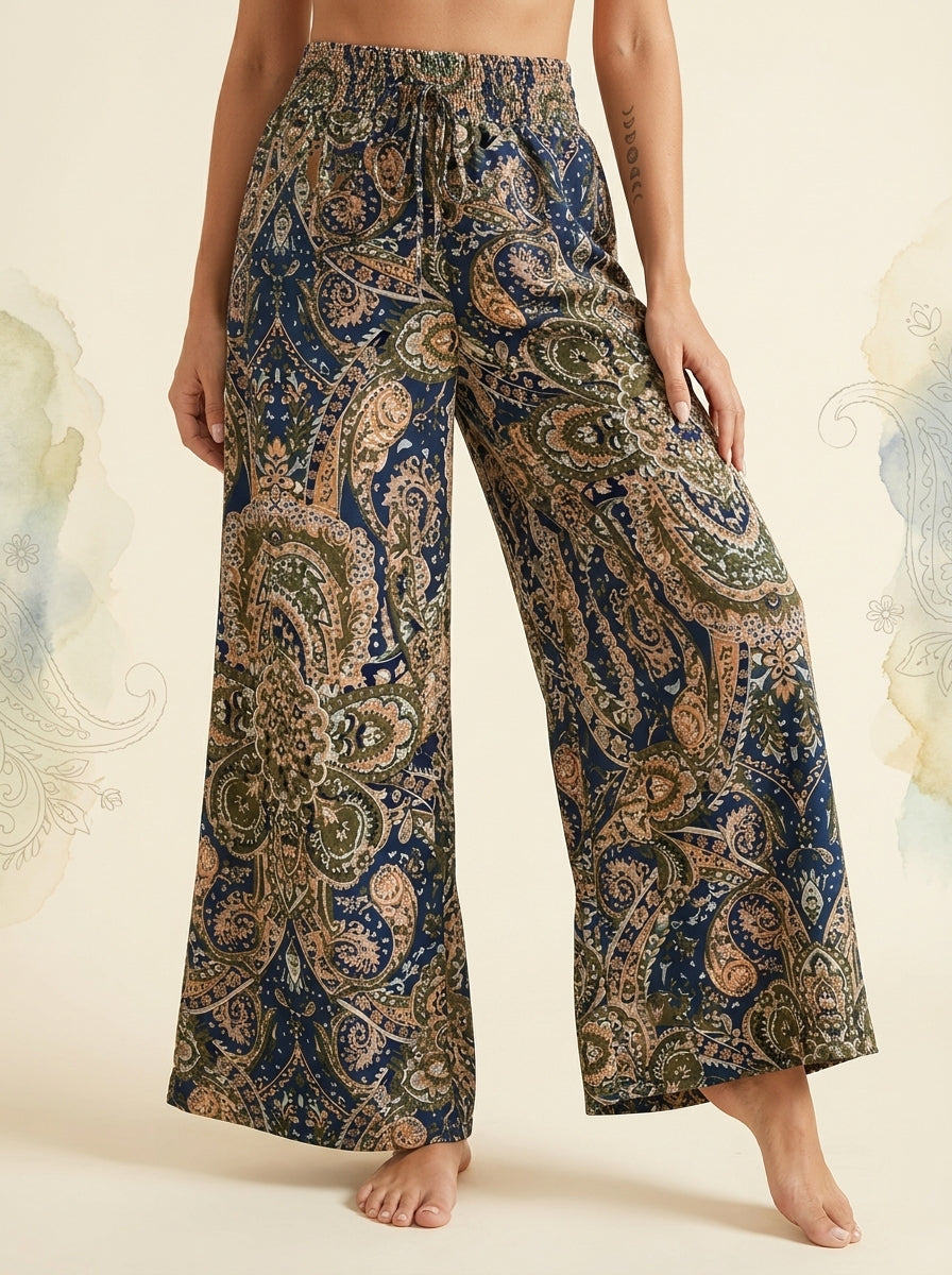 Paisley Wide-Leg Pants in Navy Gold Paisley, front view