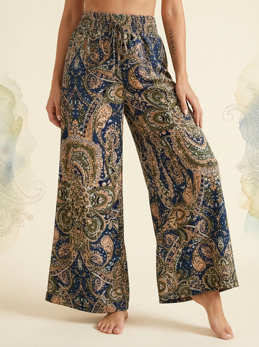 Paisley Wide-Leg Pants in Navy Gold Paisley