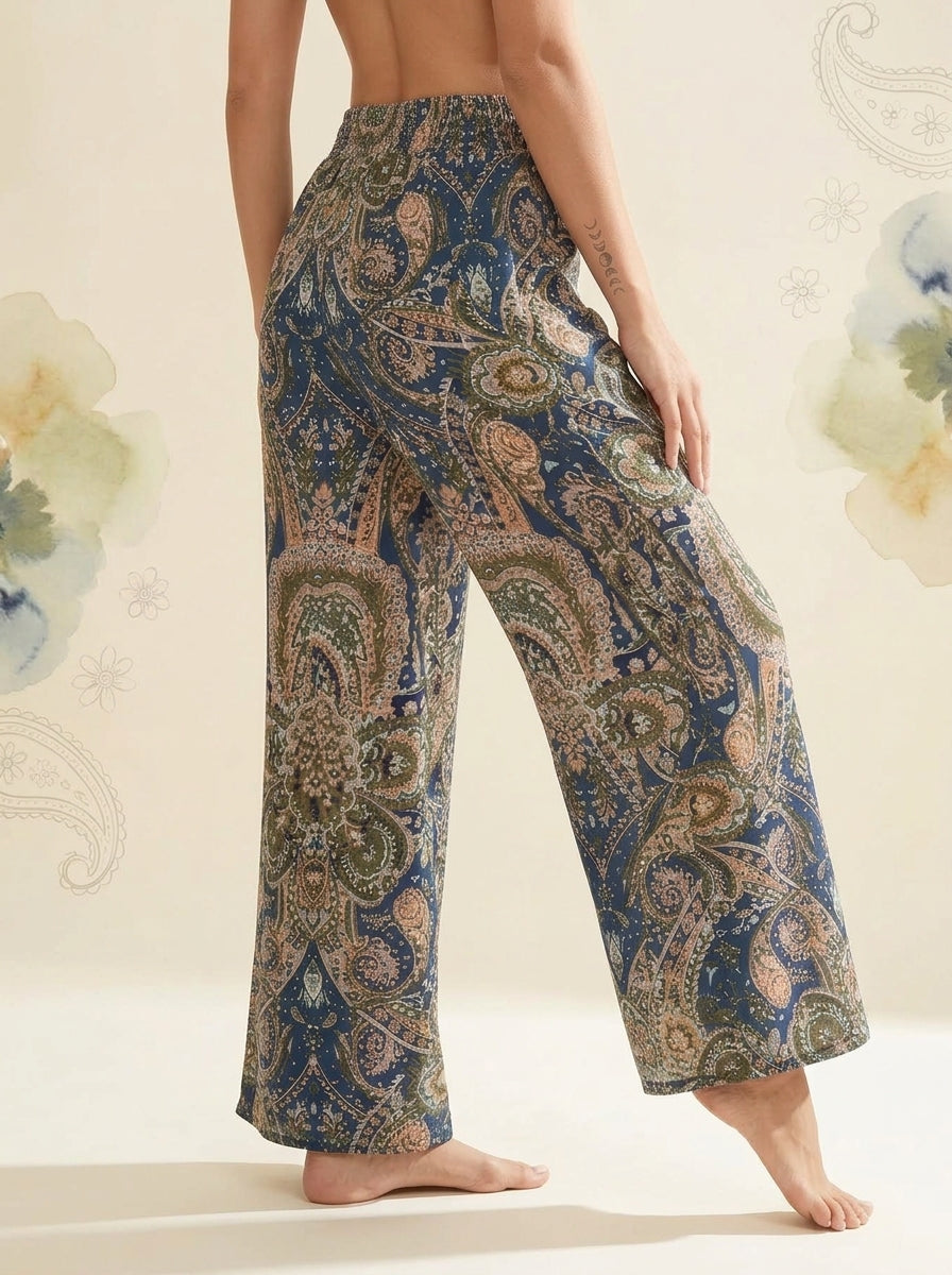 Paisley Wide-Leg Pants in Navy Gold Paisley, side view