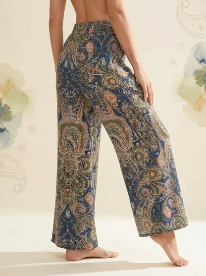Paisley Wide-Leg Pants in Navy Gold Paisley, side view