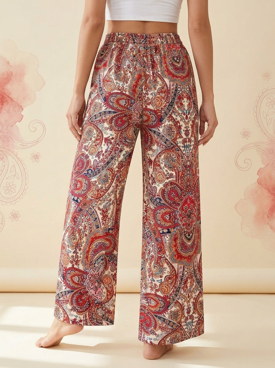 Paisley Wide-Leg Pants in Red Paisley, back view