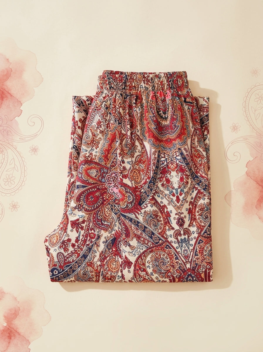 Paisley Wide-Leg Pants in Red Paisley, folded flat
