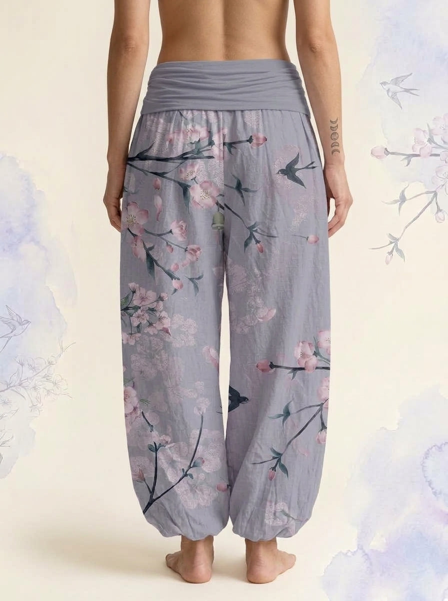 Peach Blossom Cotton Harem Pants in Cornflower Blue, back view