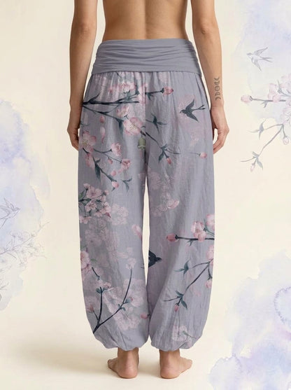 Peach Blossom Cotton Harem Pants in Cornflower Blue, back view