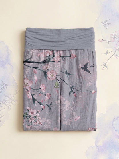Peach Blossom Cotton Harem Pants in Cornflower Blue, folded flat