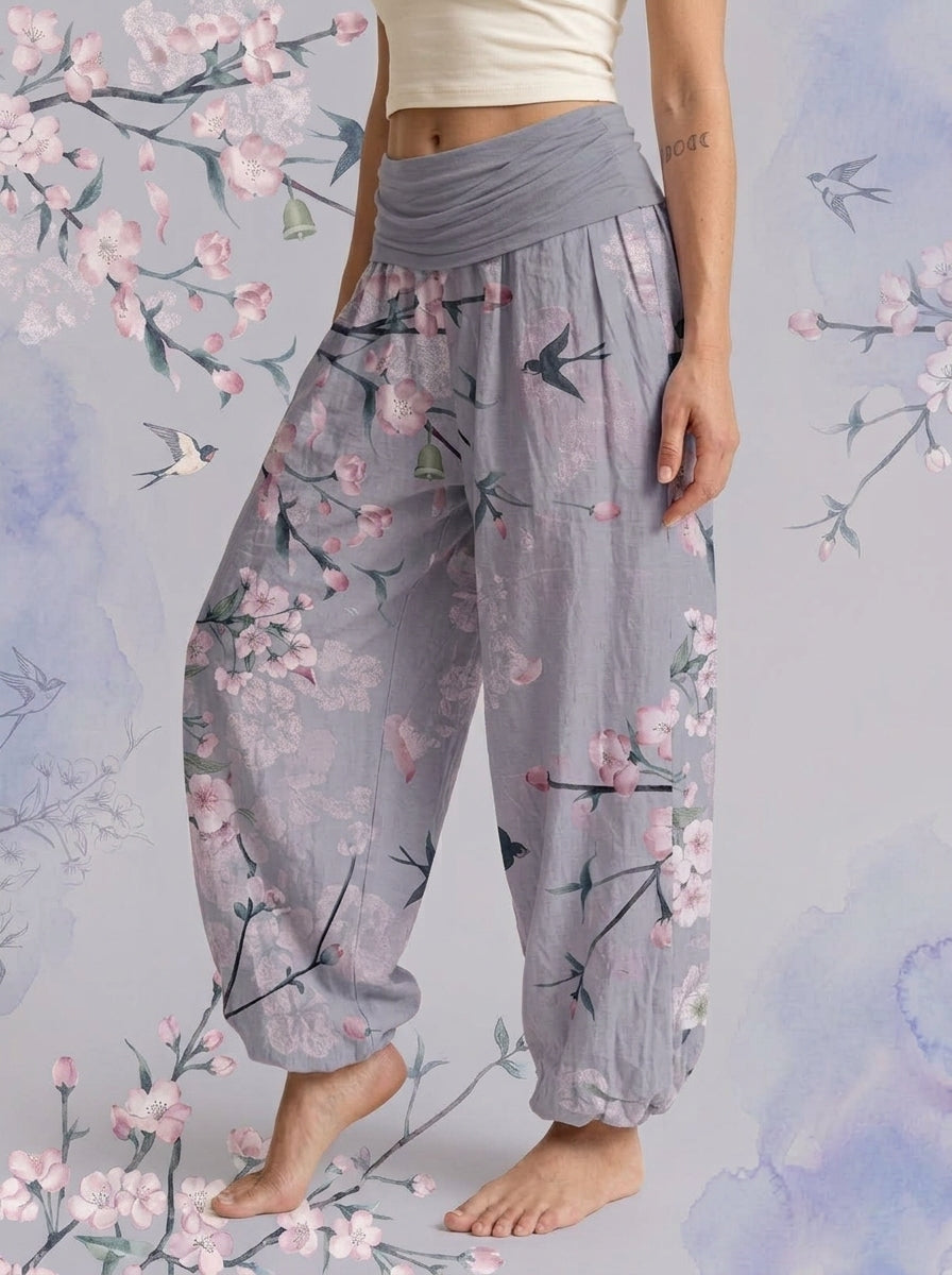 Peach Blossom Cotton Harem Pants in Cornflower Blue, side view