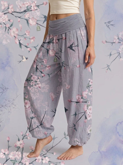Peach Blossom Cotton Harem Pants in Cornflower Blue, side view