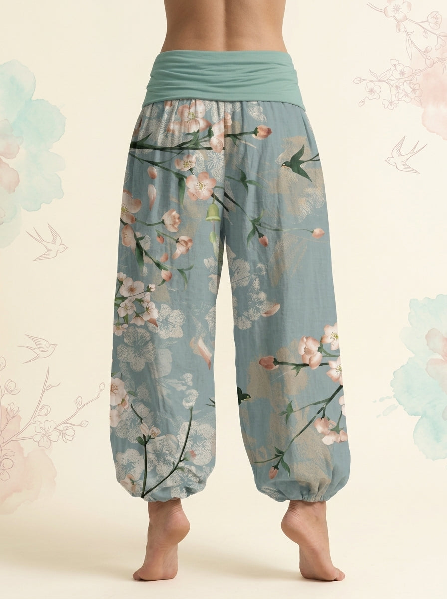 Peach Blossom Cotton Harem Pants in Medium Aquamarine, back view