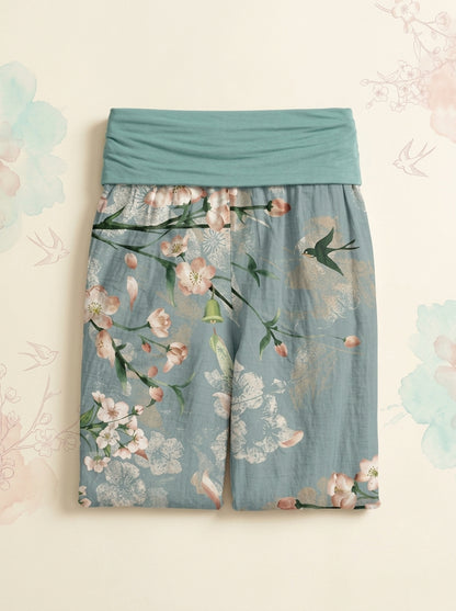 Peach Blossom Cotton Harem Pants in Medium Aquamarine, folded flat