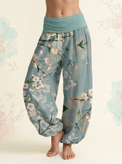 Peach Blossom Cotton Harem Pants in Medium Aquamarine, front view