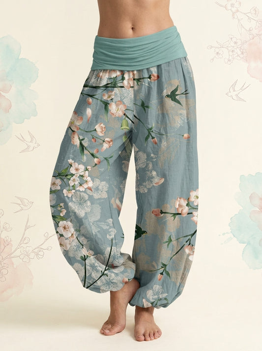 Peach Blossom Cotton Harem Pants in Medium Aquamarine, front view