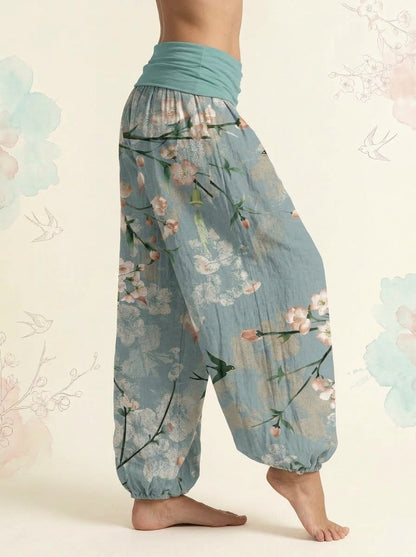 Peach Blossom Cotton Harem Pants in Medium Aquamarine, side view
