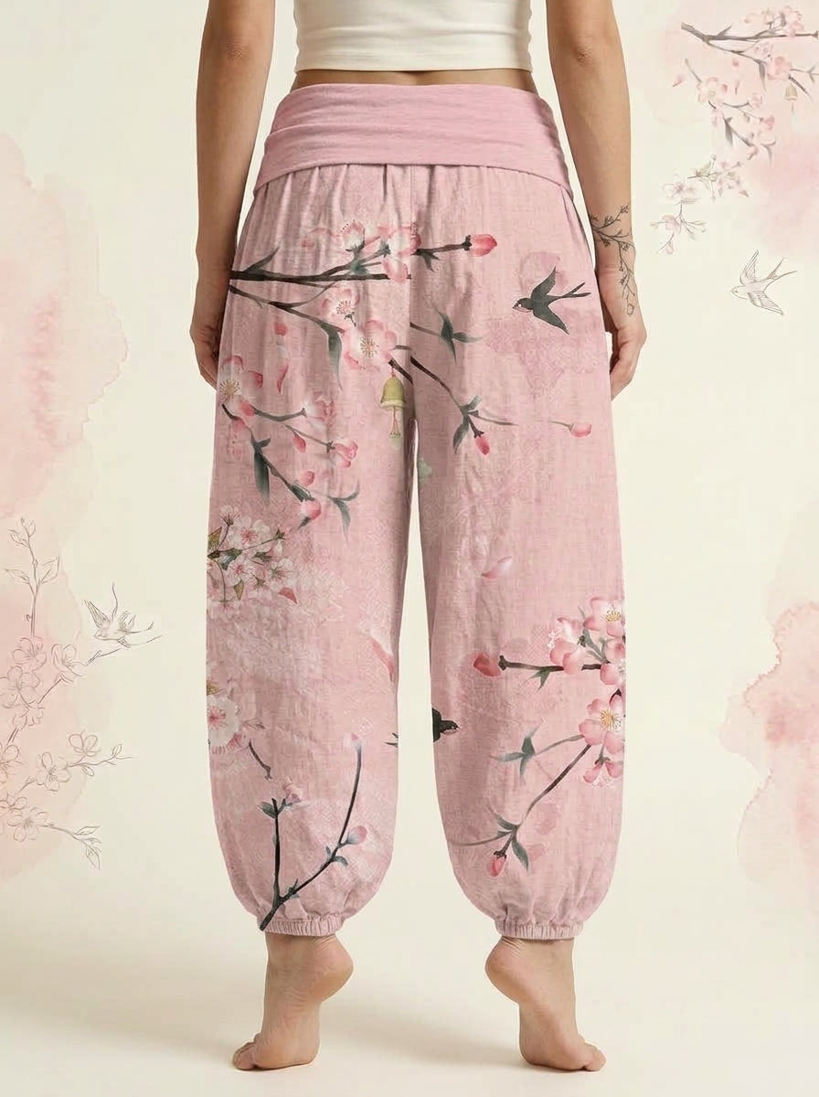 Peach Blossom Cotton Harem Pants in Pink, back view