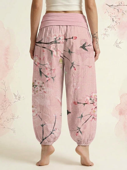 Peach Blossom Cotton Harem Pants in Pink, back view