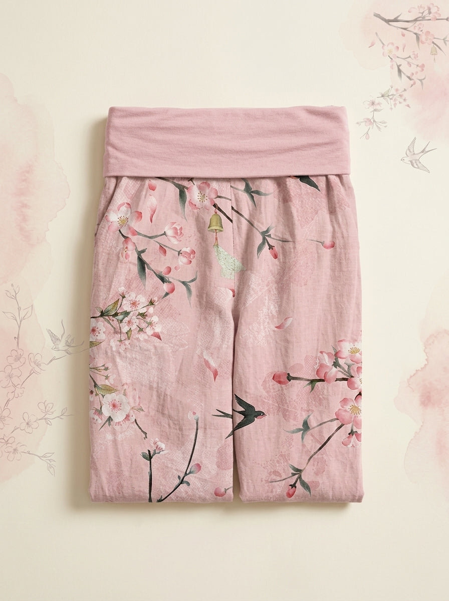 Peach Blossom Cotton Harem Pants in Pink, folded flat