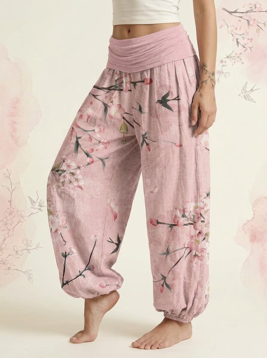 Peach Blossom Cotton Harem Pants in Pink, side view