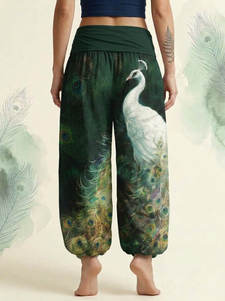 Peacock Cotton Harem Pants in Dark Green, back view