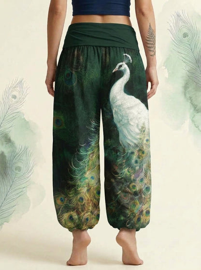 Peacock Cotton Harem Pants in Dark Green, back view