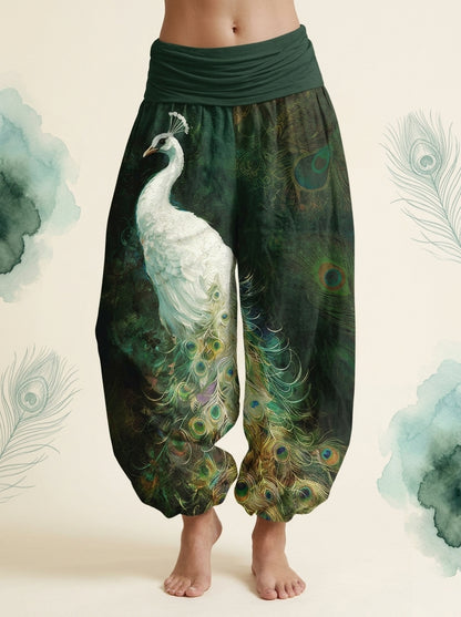 Peacock Cotton Harem Pants in Dark Green, front view