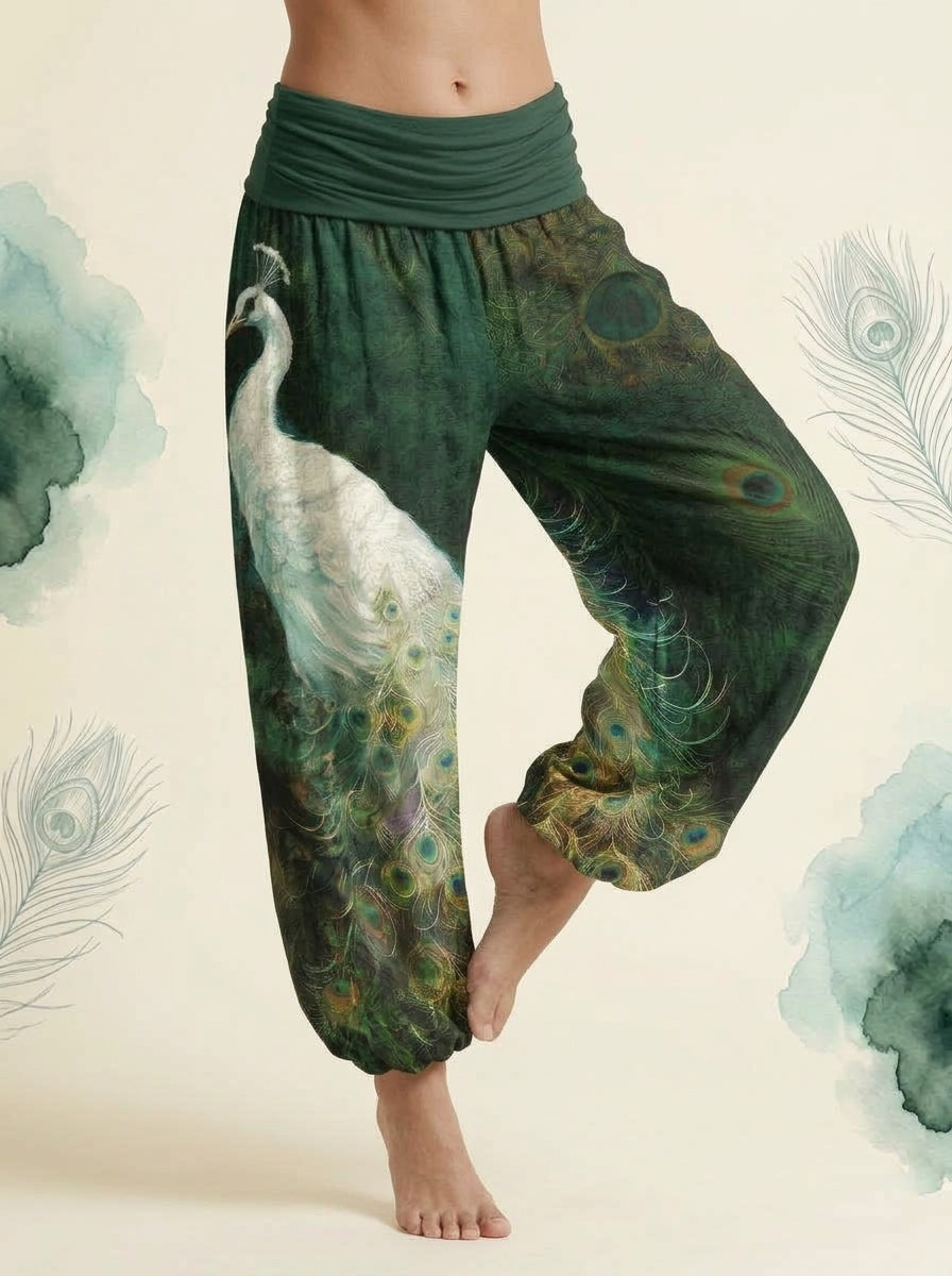 Peacock Cotton Harem Pants in Dark Green, side view