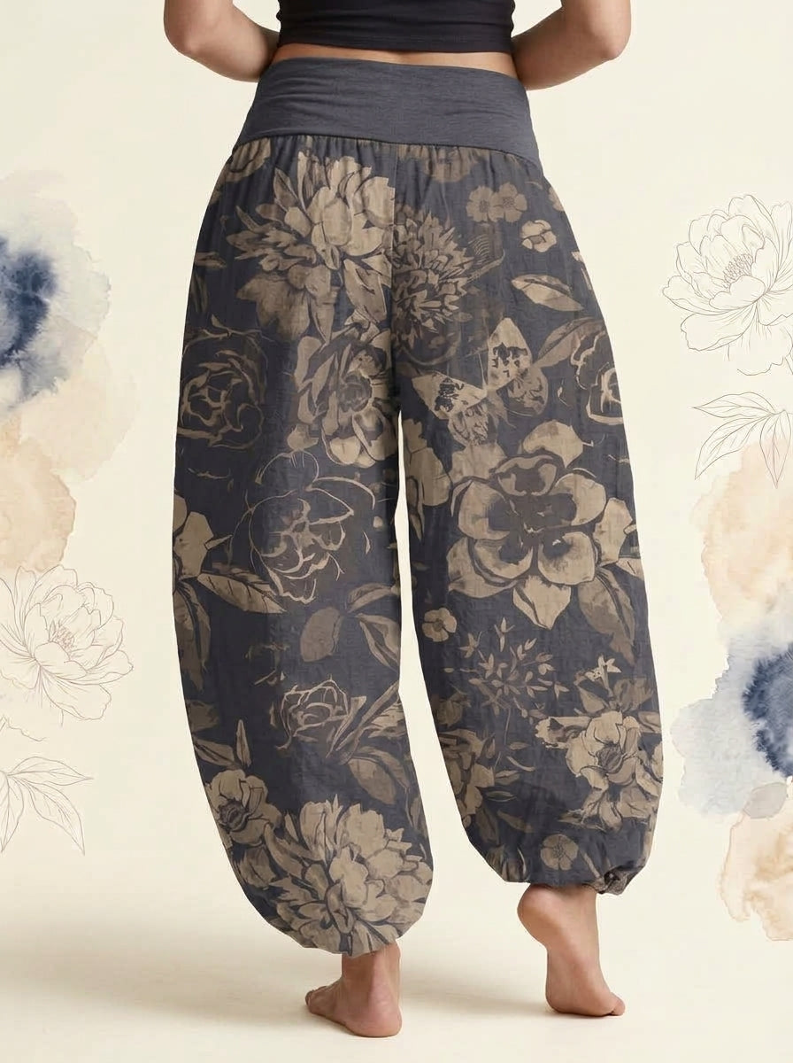 Peony Cotton Harem Pants in Dark Slate Blue, back view