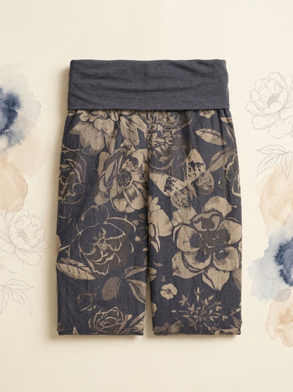 Peony Cotton Harem Pants in Dark Slate Blue, folded flat
