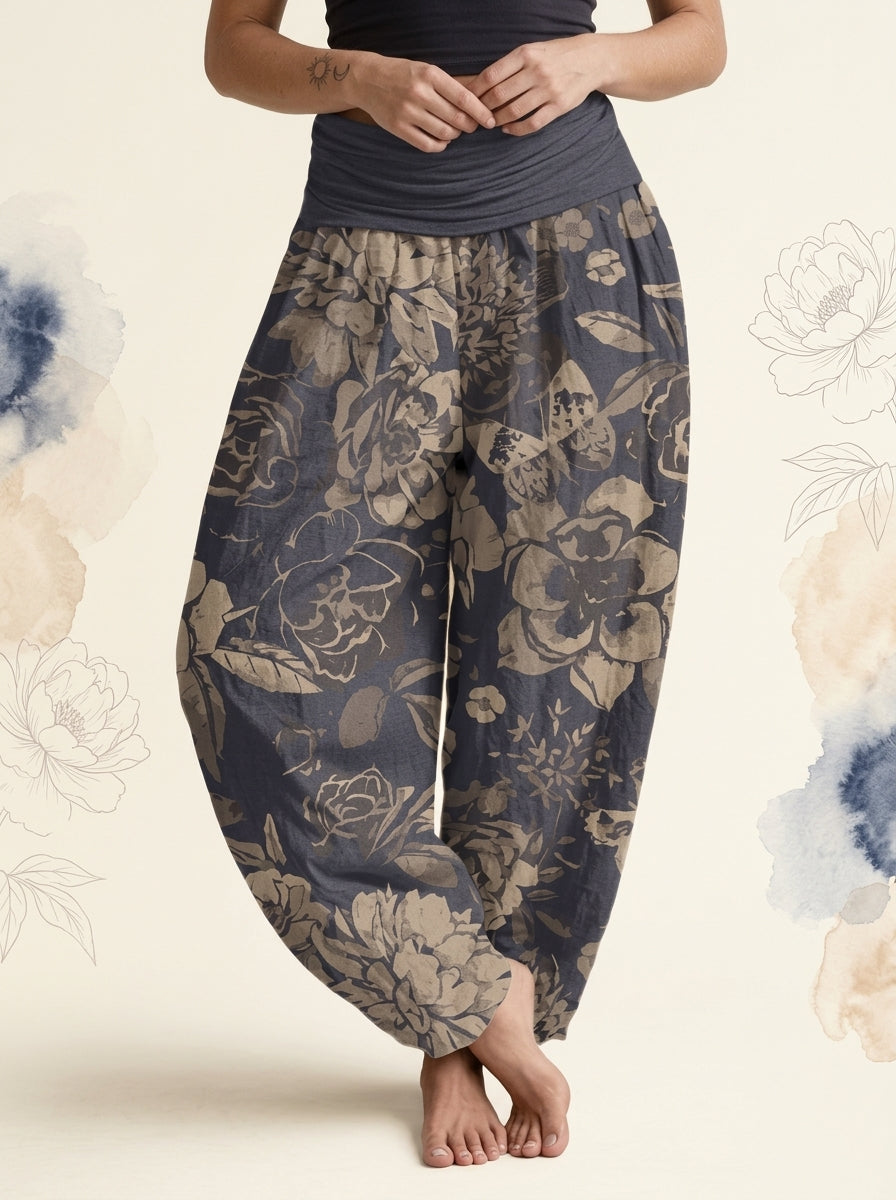 Peony Cotton Harem Pants in Dark Slate Blue, front view