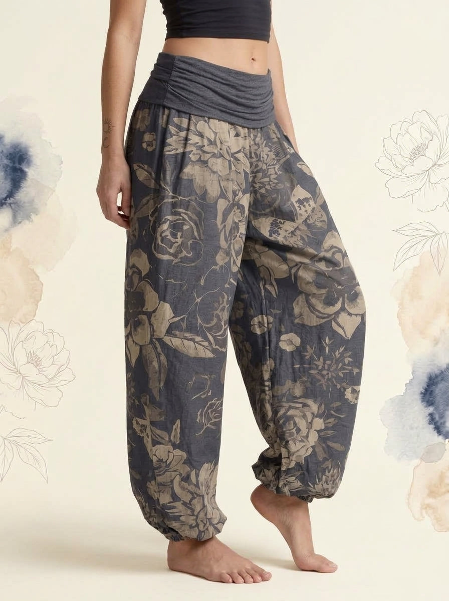 Peony Cotton Harem Pants in Dark Slate Blue, side view