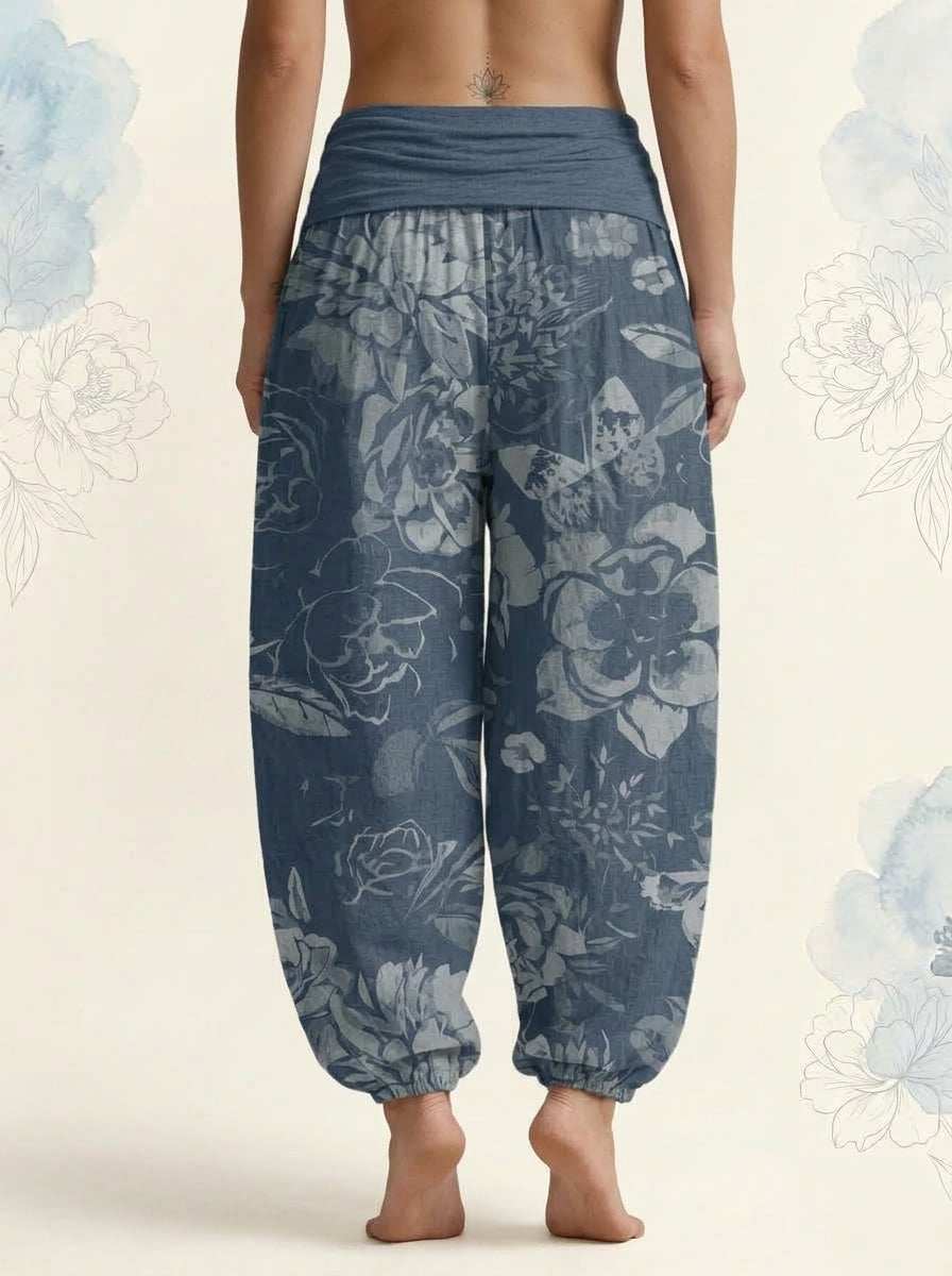 Peony Cotton Harem Pants in Sky Blue, back view