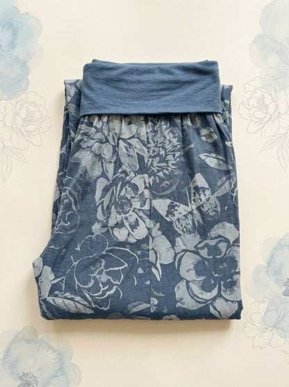 Peony Cotton Harem Pants in Sky Blue, folded flat