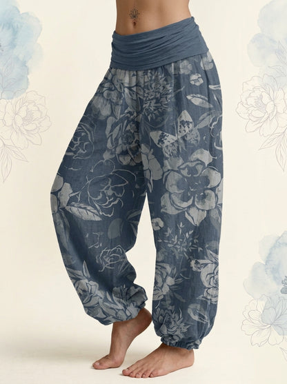 Peony Cotton Harem Pants in Sky Blue, side view