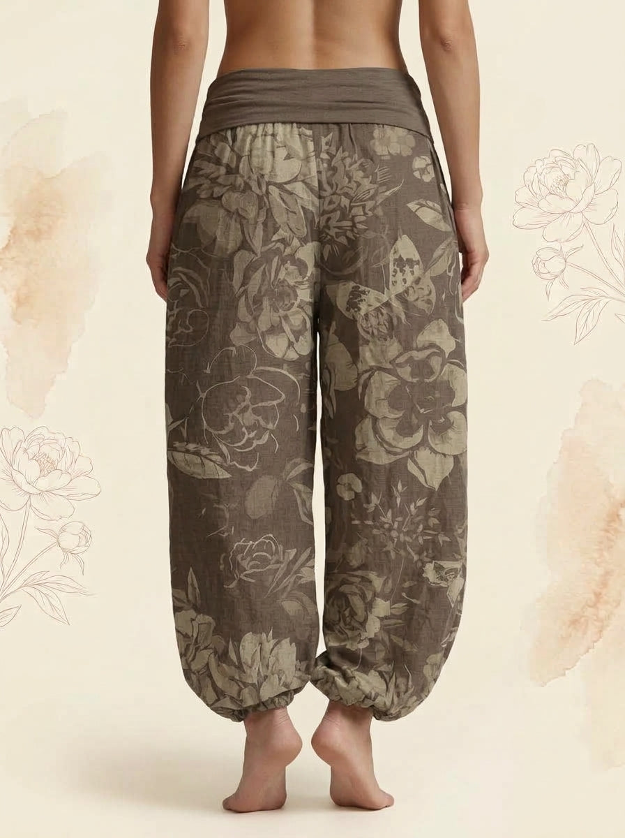 Peony Cotton Harem Pants in Tan, back view