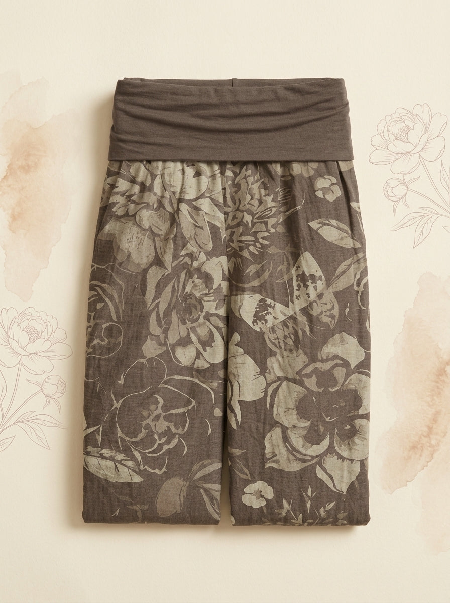 Peony Cotton Harem Pants in Tan, folded flat