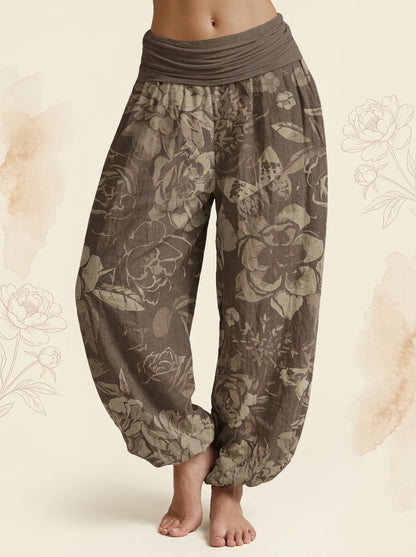 Peony Cotton Harem Pants in Tan, front view
