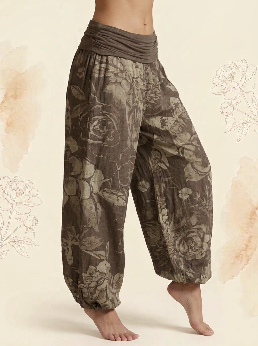 Peony Cotton Harem Pants in Tan, side view