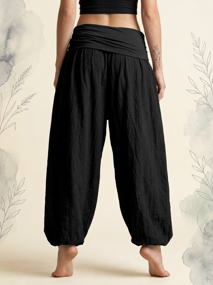 Plain Black Cotton Harem Pants in Black, back view