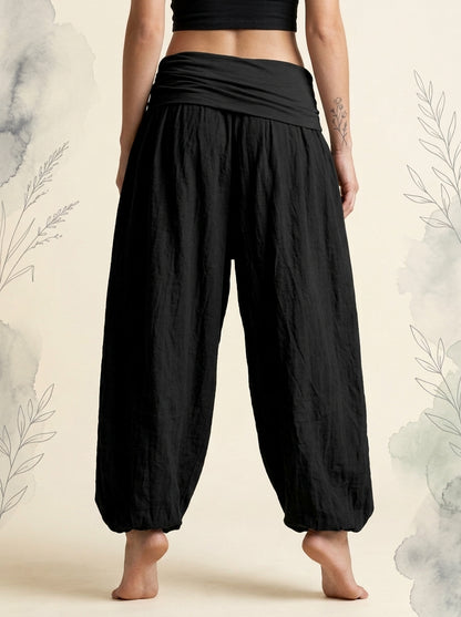 Plain Black Cotton Harem Pants in Black, back view