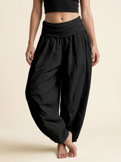 Plain Black Cotton Harem Pants in Black, front view